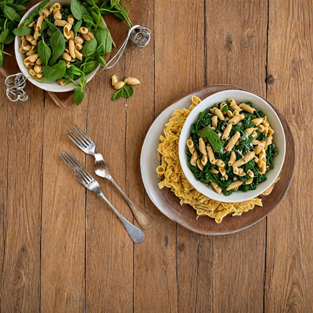 Makaron z bobem i szpinakiem