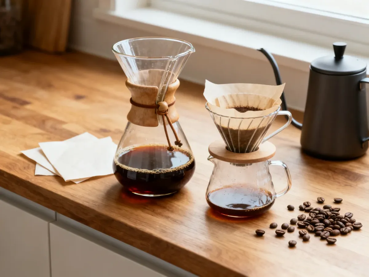 Chemex i Hario V60 ustawione obok siebie na blacie podczas parzenia kawy