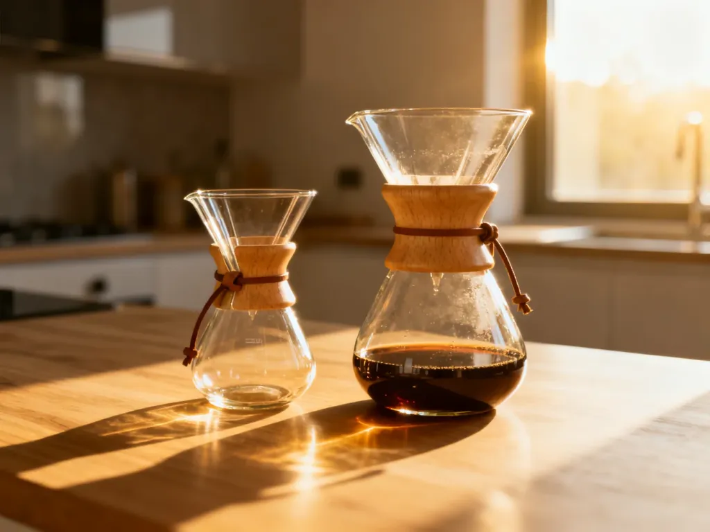 Porównanie dwóch szklanych zaparzaczy Chemex (wersje 3-cup i 6-cup) ustawionych obok siebie na drewnianym blacie.