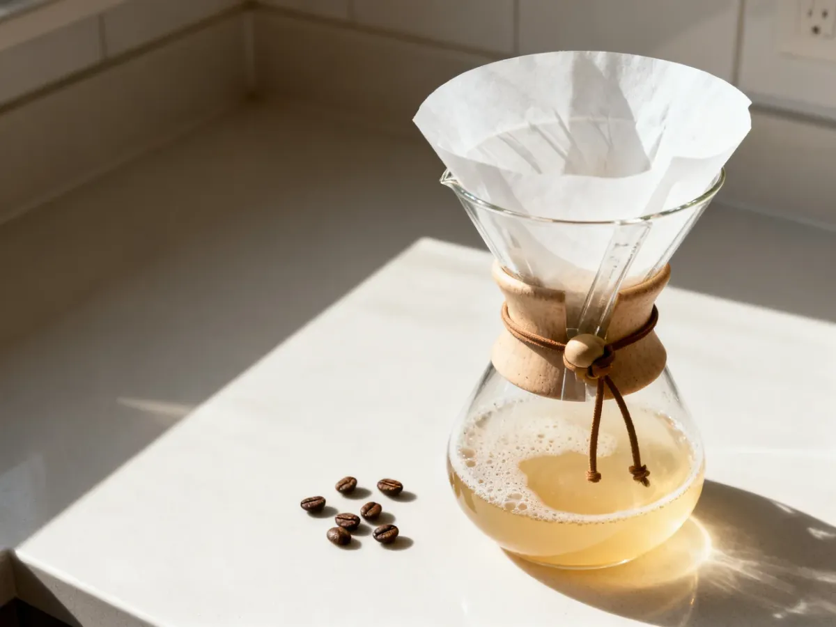 Chemex z papierowym filtrem i świeżo zaparzoną kawą na kuchennym blacie