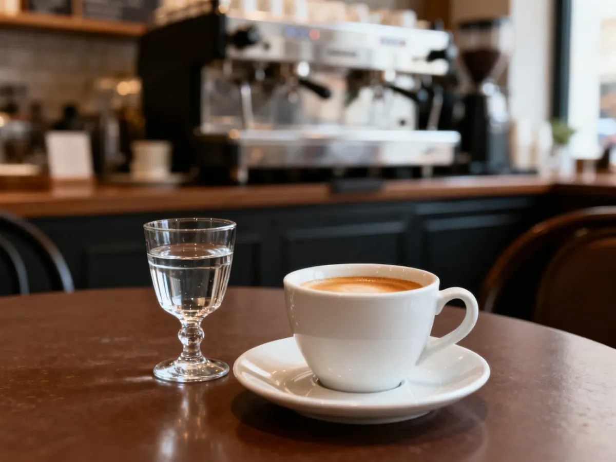 Szklanka wody stojąca obok filiżanki espresso w kawiarni