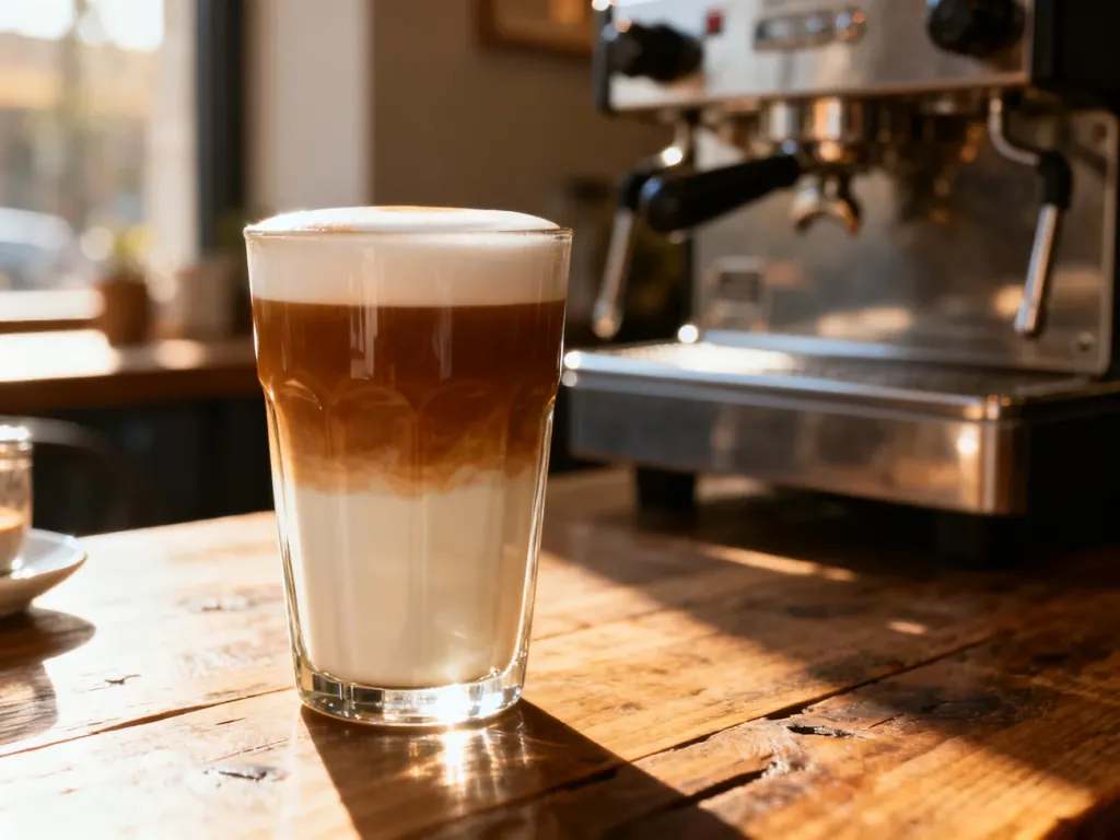 Szklanka latte z wyraźnymi warstwami espresso i mlecznej pianki na drewnianym stole w przytulnej kawiarni.