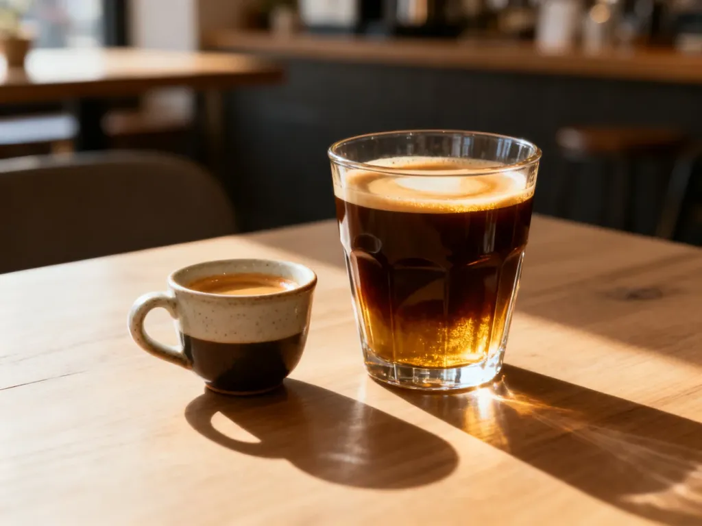 Porównanie espresso w małej filiżance oraz większego Cafe Americano na drewnianym stole w kawiarni.