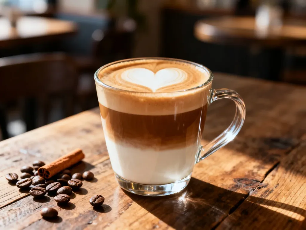Szklanka latte z wyraźnymi warstwami kawy i mleka oraz serduszkiem z pianki na tle rustykalnego stołu.