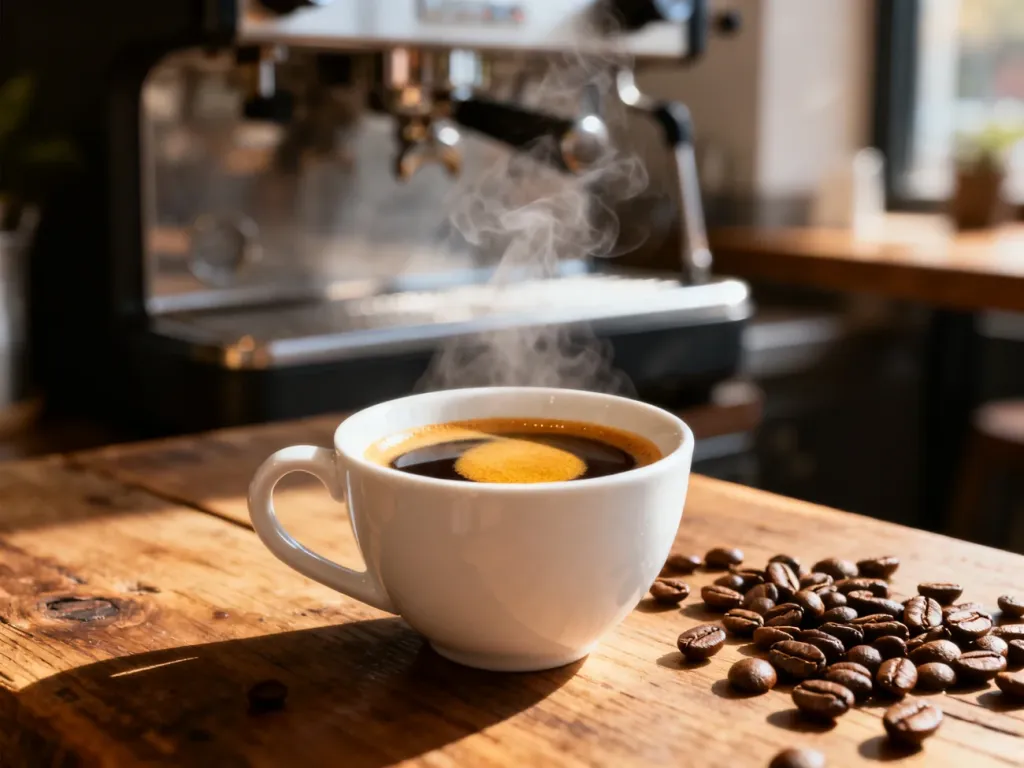Podwójne espresso w białej filiżance na drewnianym stole w kawiarni. Widoczna gęsta crema i ziarna kawy w tle.