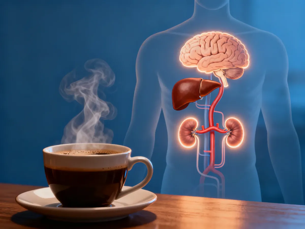 Ilustracja metabolizmu kofeiny w mózgu, wątrobie i nerkach