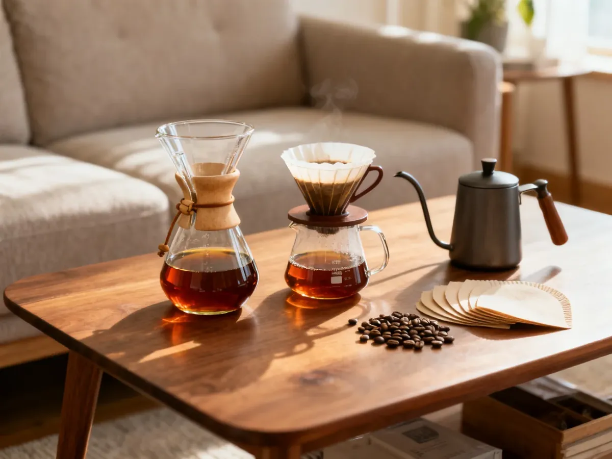 Chemex i Hario V60 ustawione obok siebie na stole z akcesoriami do parzenia kawy