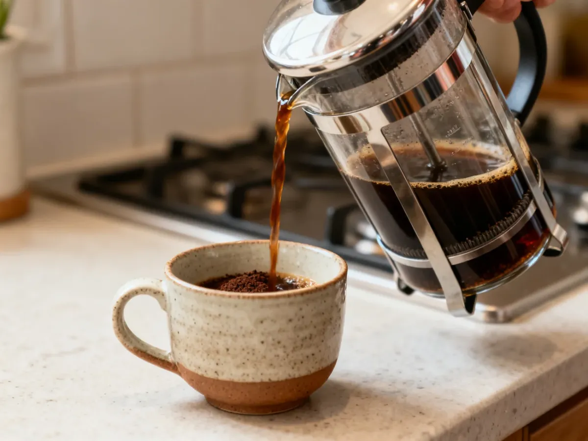 French Press z kawą przelewaną do ceramicznej filiżanki
