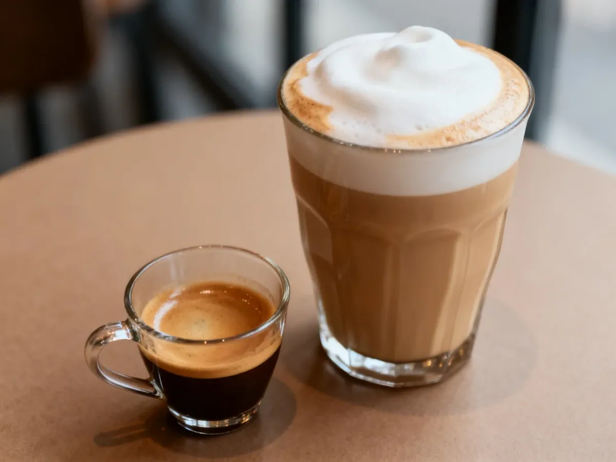 Filiżanka espresso macchiato obok cappuccino z gęstą mleczną pianką