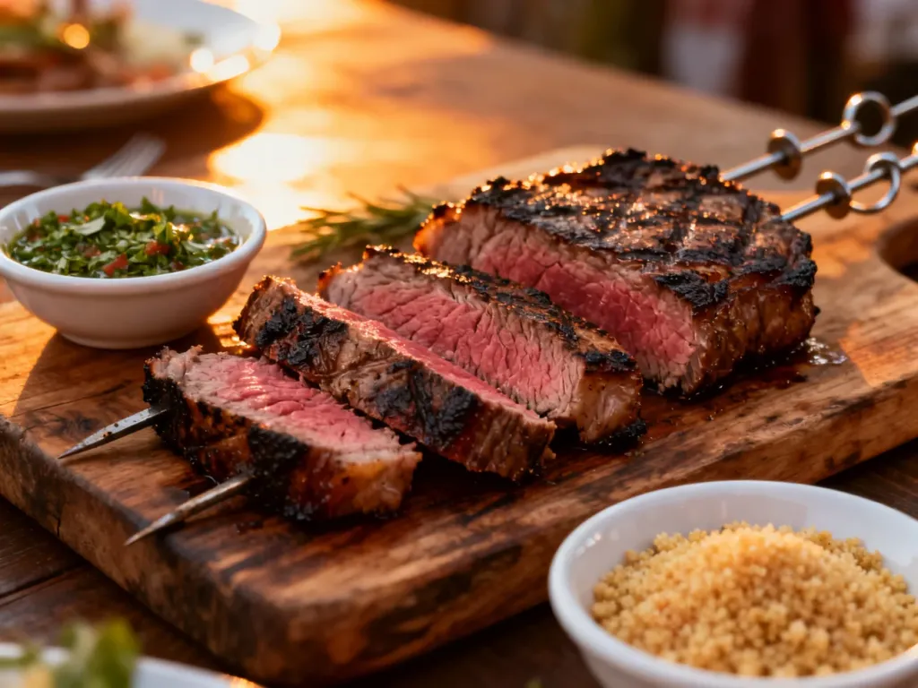 Soczyste plastry grillowanej picanhi podane z chimichurri i farofą na drewnianej desce w klimacie brazylijskiego churrasco.