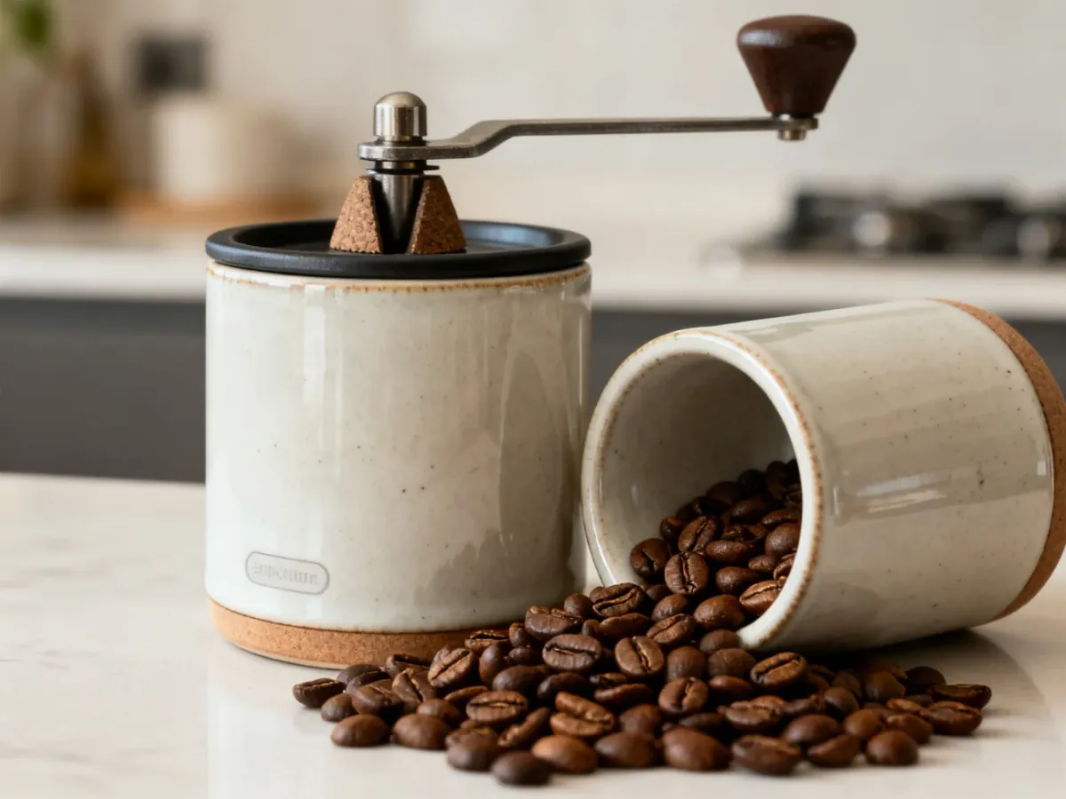 Ceramic burr coffee grinder with coffee beans in a home kitchen