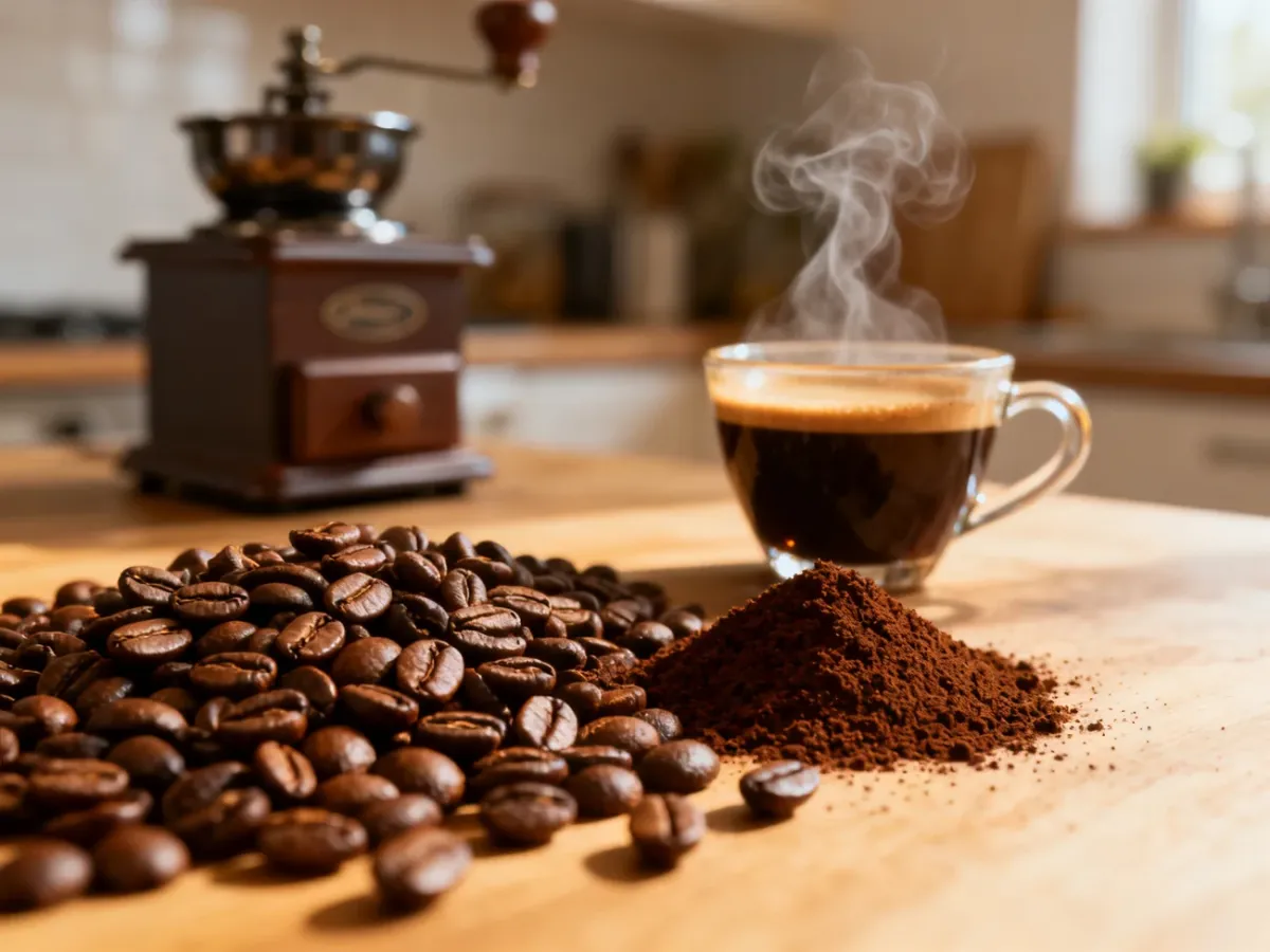 Świeże ziarna kawy, kawa mielona i filiżanka espresso obok młynka