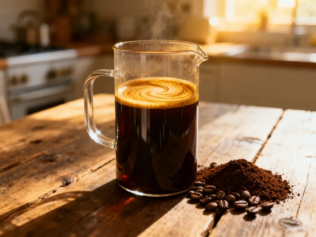 French press z zaparzoną kawą oraz ziarna o grubym zmieleniu na drewnianym stole w promieniach porannego słońca.
