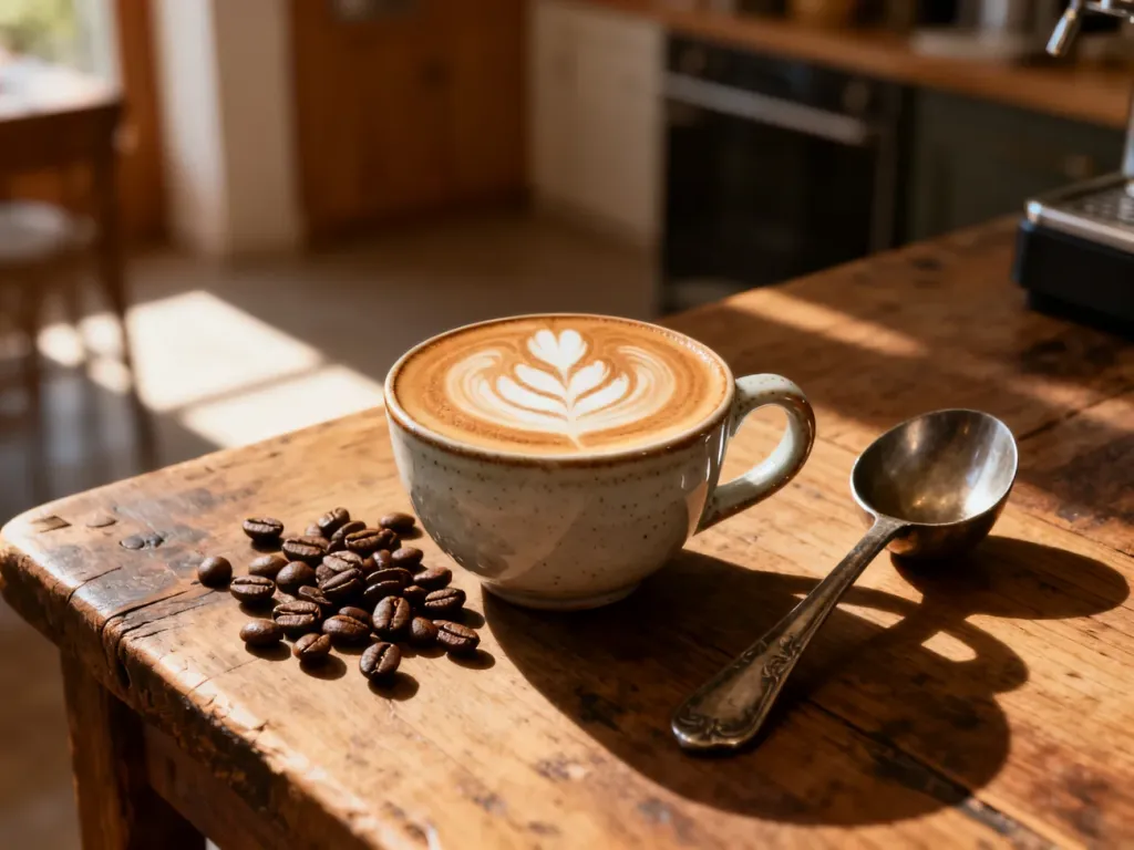 Filiżanka świeżego espresso z latte art na drewnianym stole, otoczona ziarnami kawy w przytulnej kuchni.