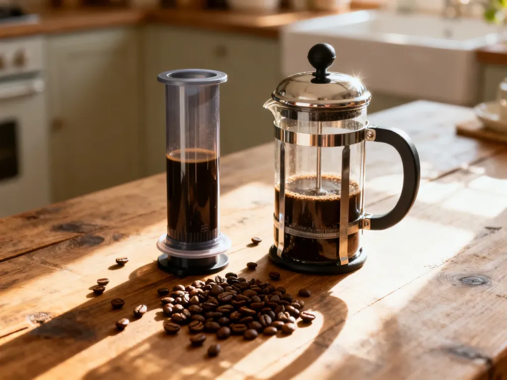 Aeropress i French press ustawione obok siebie na drewnianym stole, otoczone ziarnami kawy w porannym świetle.