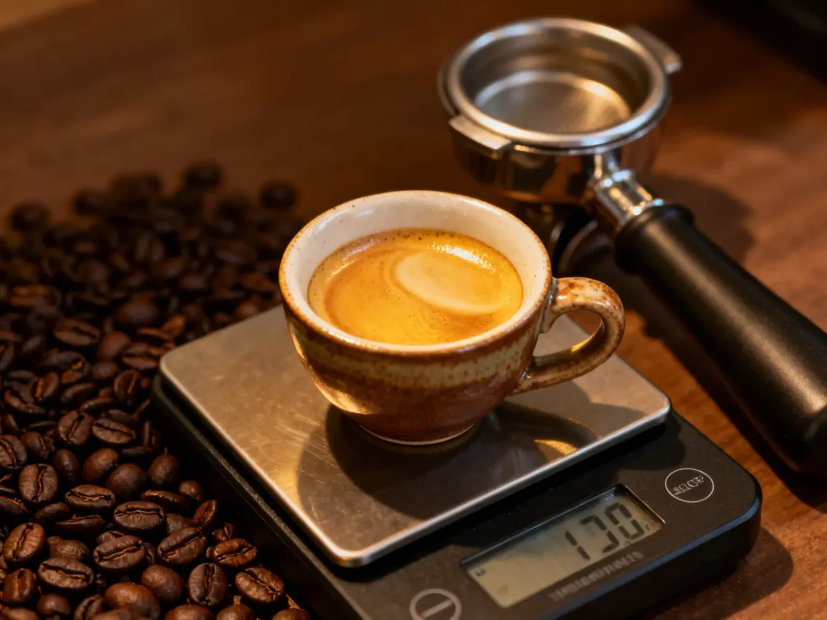 Podwójne espresso z cremą ustawione na wadze kawowej