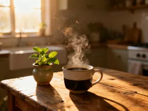 Ceramiczny dripper Hario V60 podczas zalewania zmielonej kawy gorącą wodą w słonecznej kuchni.