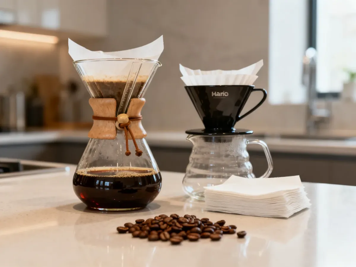 Chemex i Hario V60 ustawione obok siebie podczas przygotowywania kawy