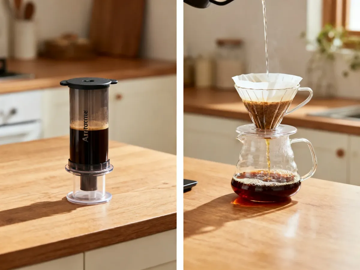 AeroPress i V60 ustawione obok siebie podczas przygotowywania kawy