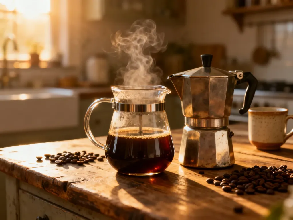 Szklany French press z parzącą się kawą obok metalowego perkolatora na drewnianym blacie w promieniach porannego słońca.