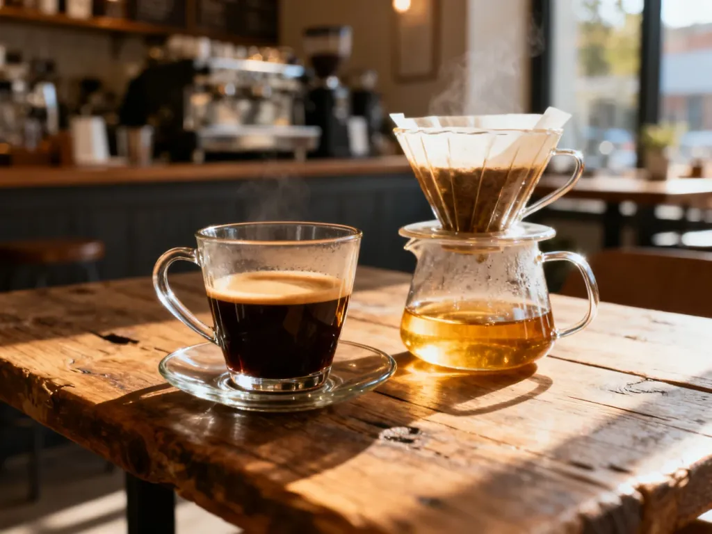 Dwie szklanki z kawą: ciemne espresso i jasny przelew na drewnianym stole w przytulnej kawiarni.