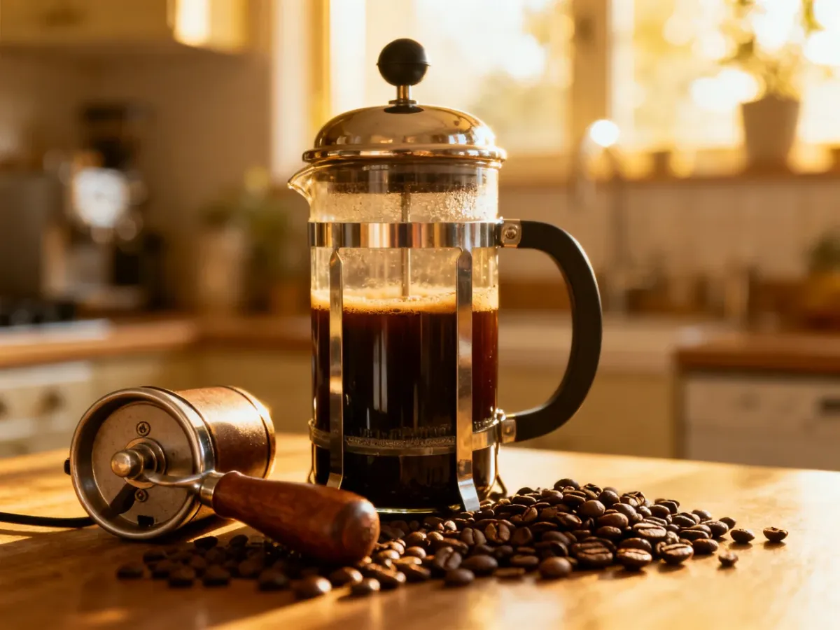 French press z kawą, świeżymi ziarnami i ręcznym młynkiem