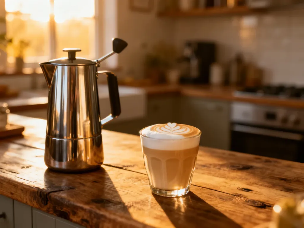 Nowoczesny spieniacz do mleka ze stali nierdzewnej obok filiżanki cappuccino z latte art na drewnianym blacie.