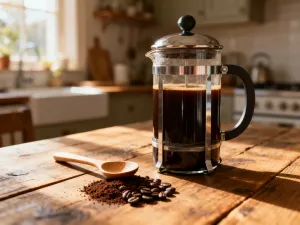 Szklany zaparzacz typu French press z parującą kawą, ziarnami i kubkiem na drewnianym stole w przytulnej kuchni.