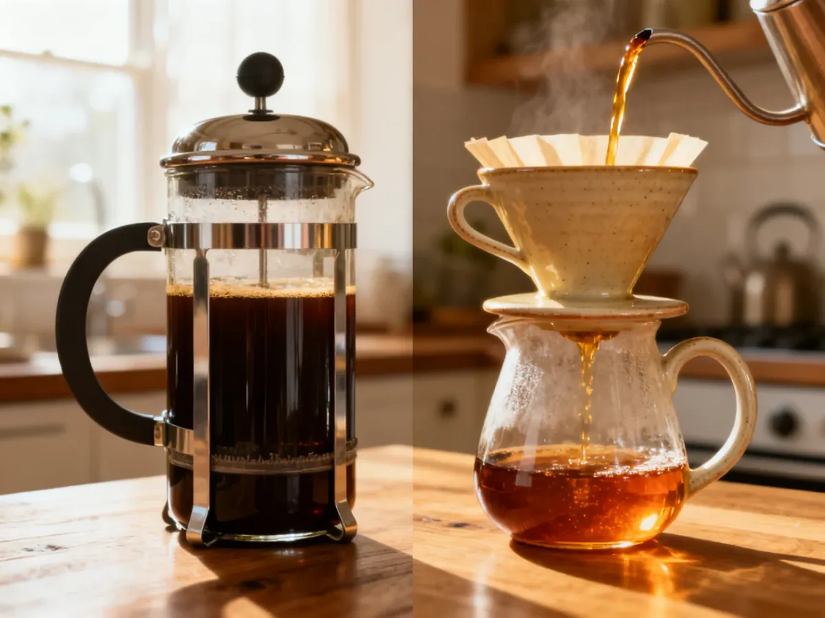French press i dripper pour-over z kawą na drewnianym blacie