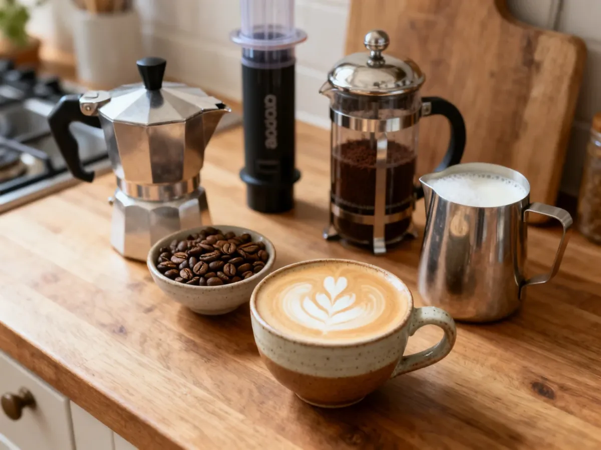 Składniki i proste akcesoria do przygotowania domowego cappuccino