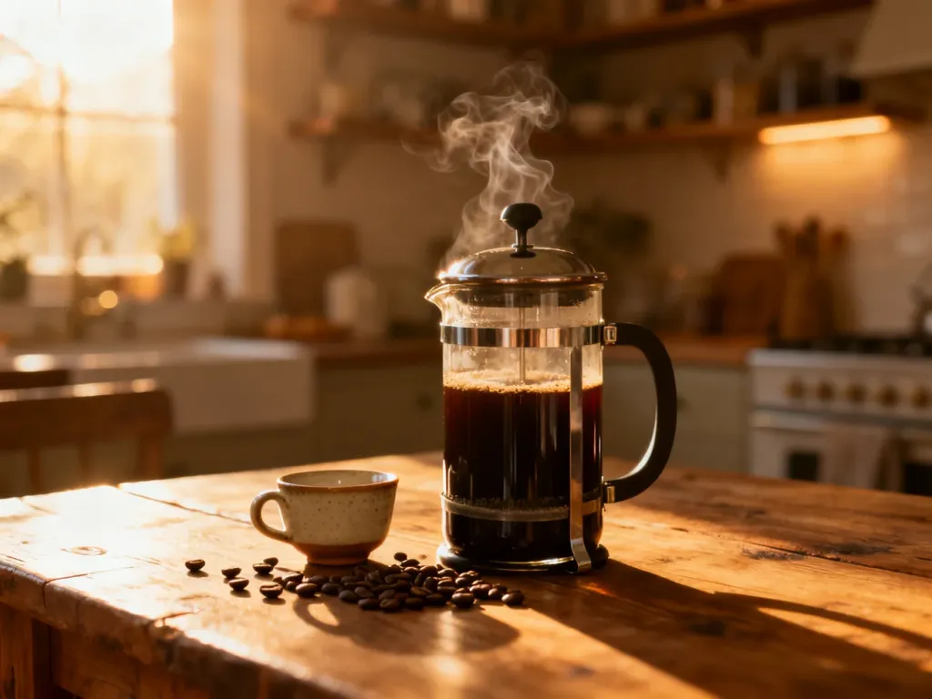 Szklany French press z parzącą się kawą na drewnianym stole w przytulnej kuchni, w otoczeniu ziaren kawy.