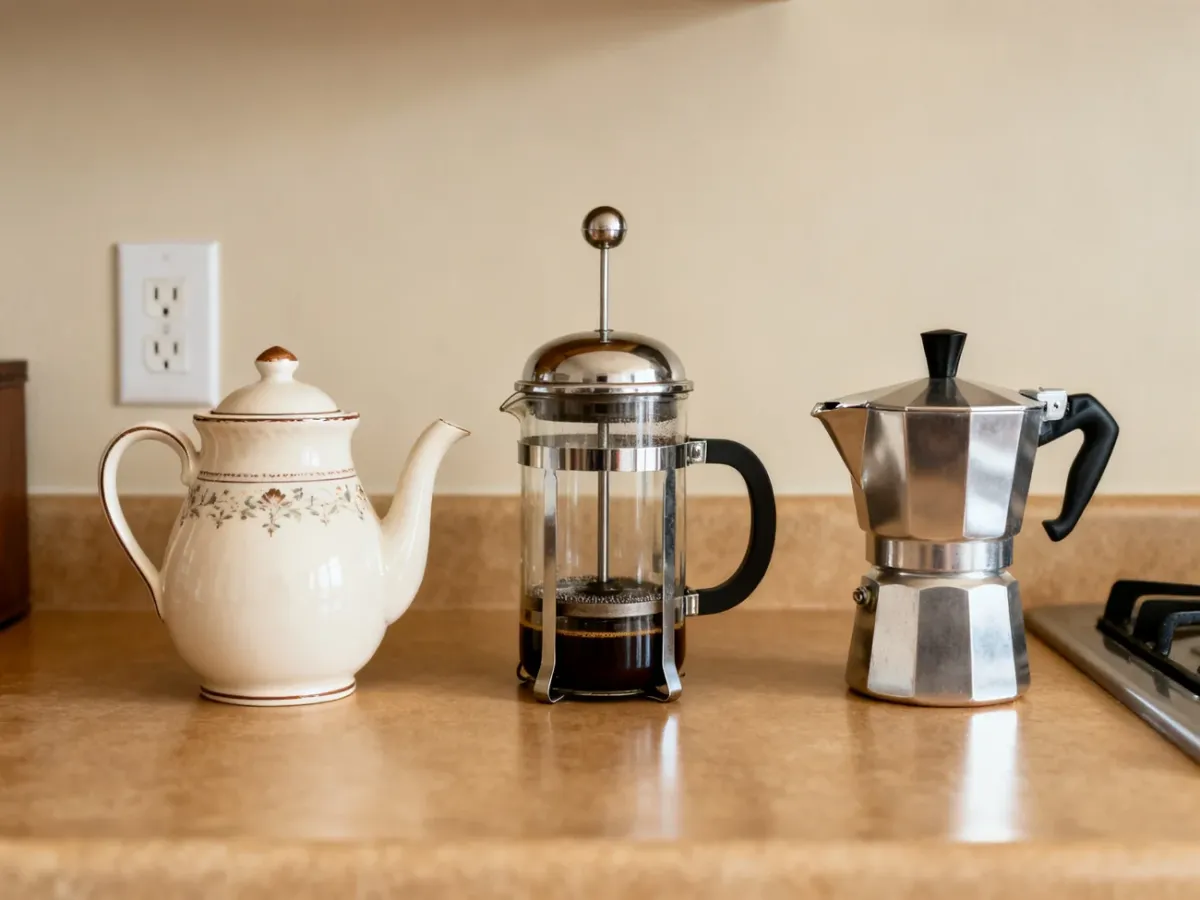 Tradycyjny imbryk, French Press, kawiarka i zaparzacz przelewowy na kuchennym blacie