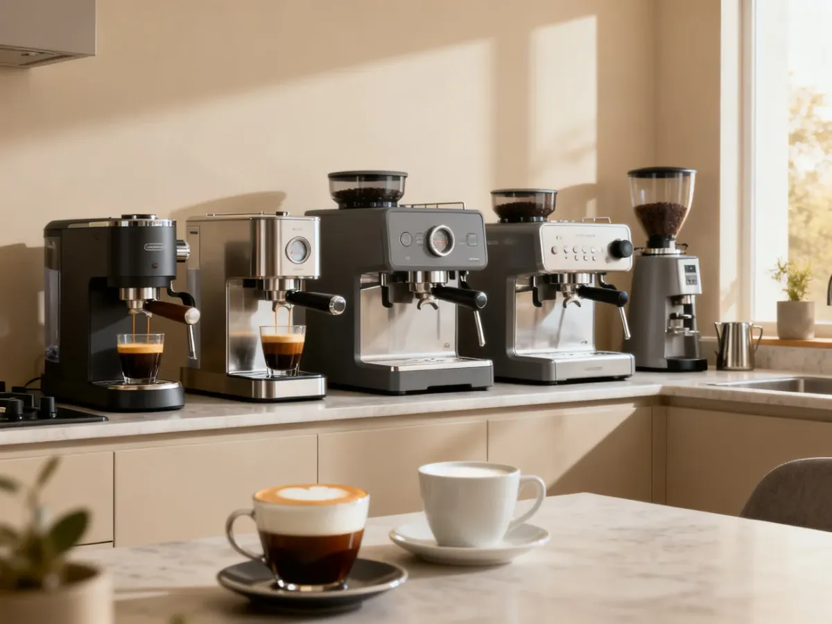 Automatyczne ekspresy do kawy na kuchennym blacie z filiżankami espresso i kawy mlecznej