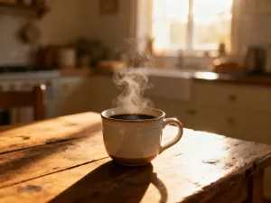 Szklanka espresso tonic z lodem, limonką i miętą na drewnianym blacie w promieniach porannego słońca.