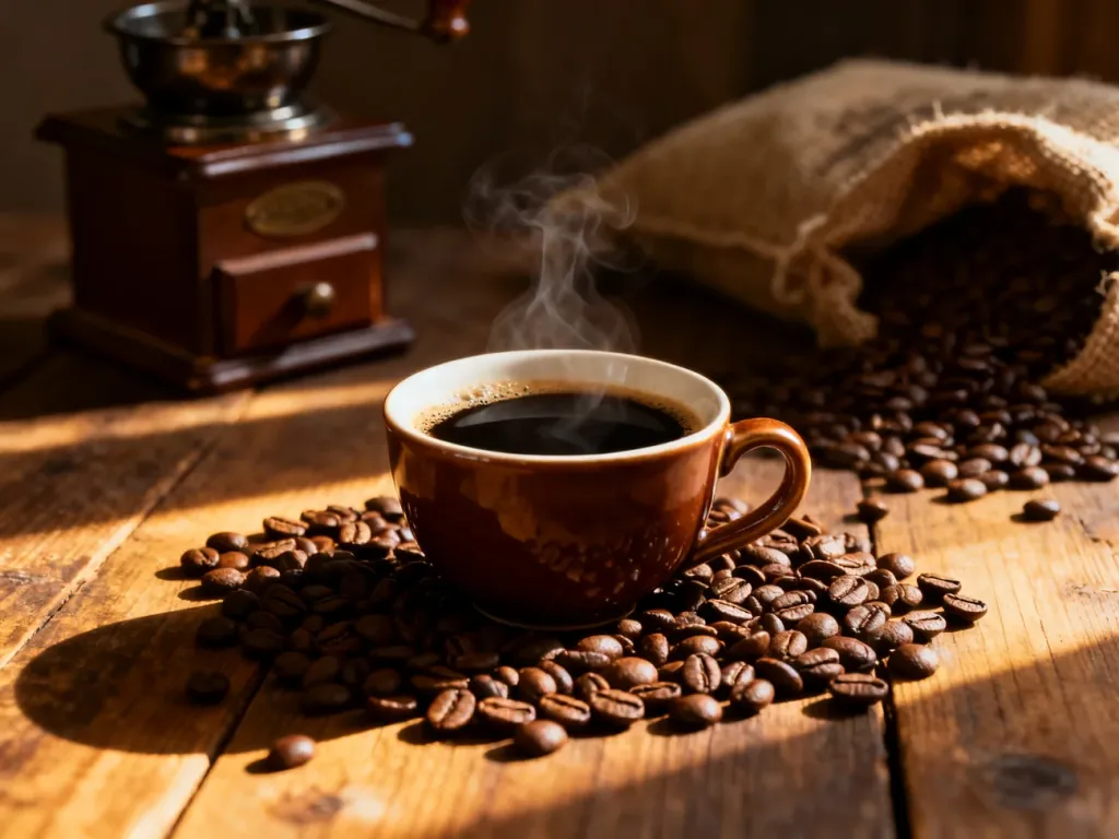 Świeżo palone ziarna kawy arabica i filiżanka parzącego się naparu na rustykalnym stole w ciepłym, przytulnym świetle.