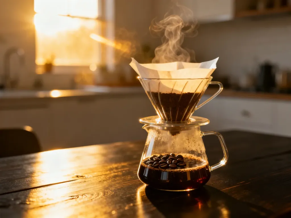 Szklany dripper V60 z zaparzoną kawą na drewnianym stole w słonecznej kuchni. Przygotowanie kawy metodą przelewową.