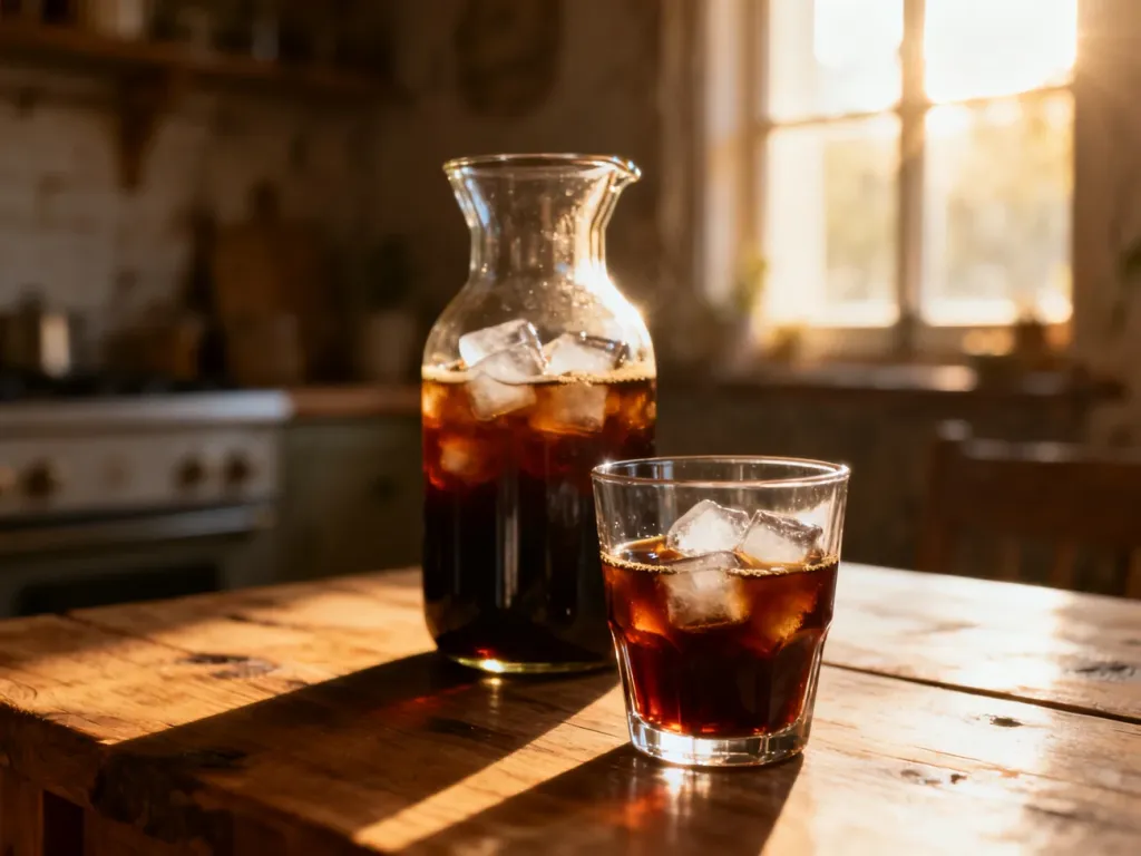 Szklanka z mrożoną kawą cold brew i kostkami lodu na drewnianym stole w słonecznej kuchni.