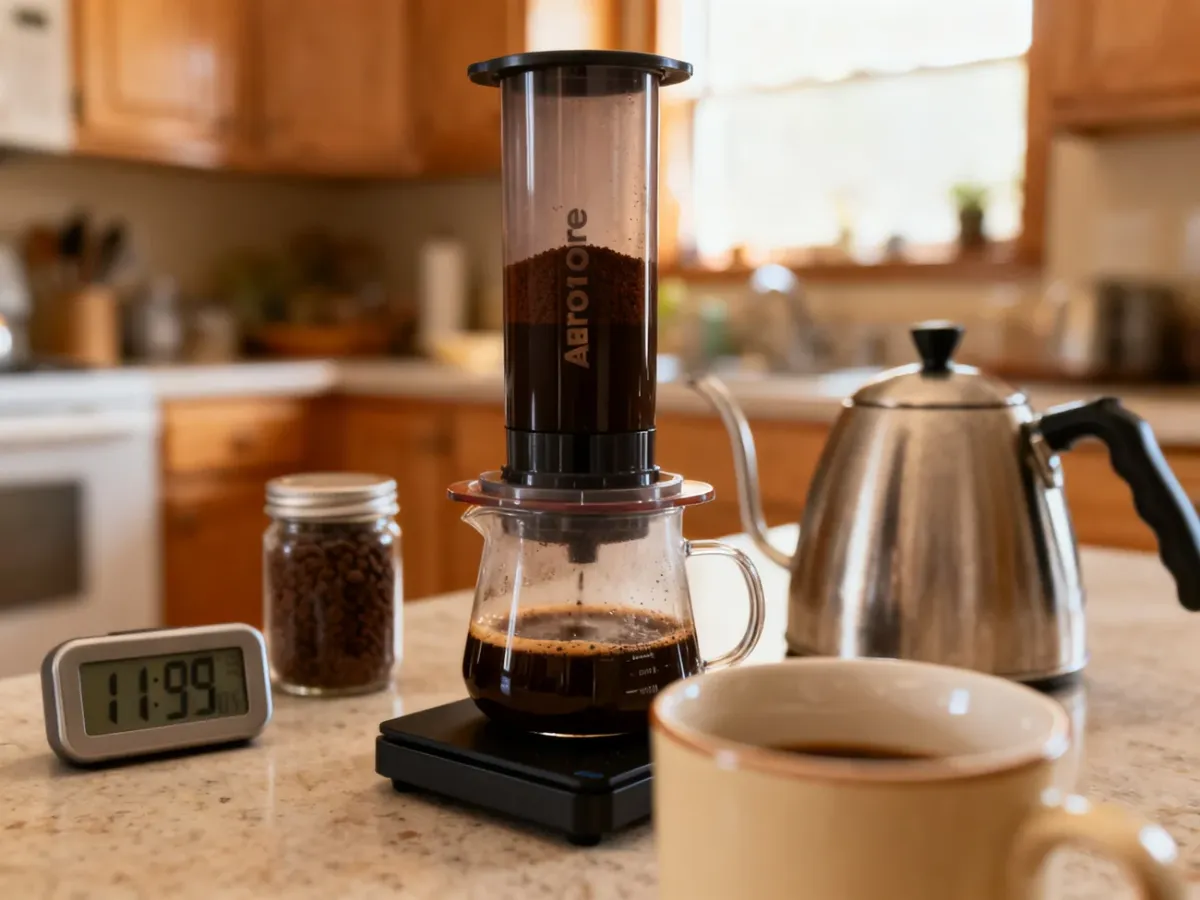 AeroPress podczas parzenia kawy z młynkiem, czajnikiem i timerem na kuchennym blacie