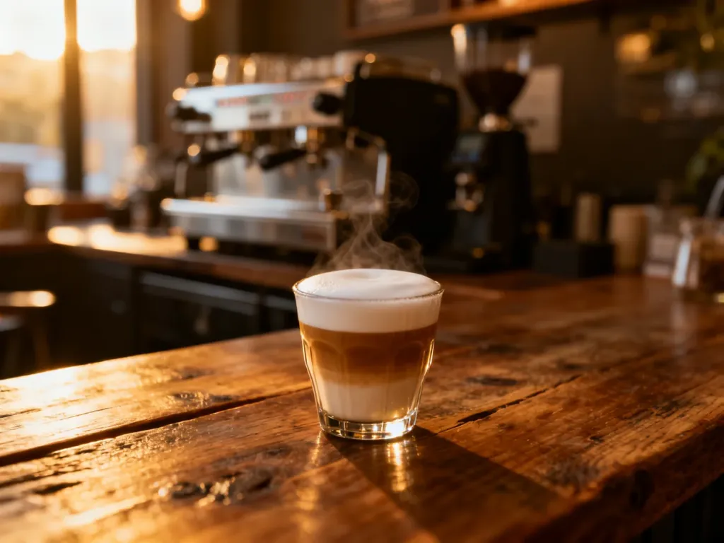 Cortado w szklance na drewnianym stole, z widocznymi warstwami espresso i aksamitnej pianki mlecznej.