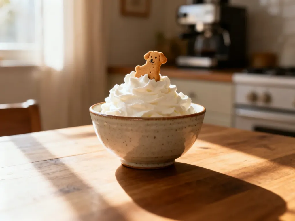 Mała miseczka z bitą śmietaną i psim przysmakiem na drewnianym stole, przygotowana jako domowy puppuccino dla psa.