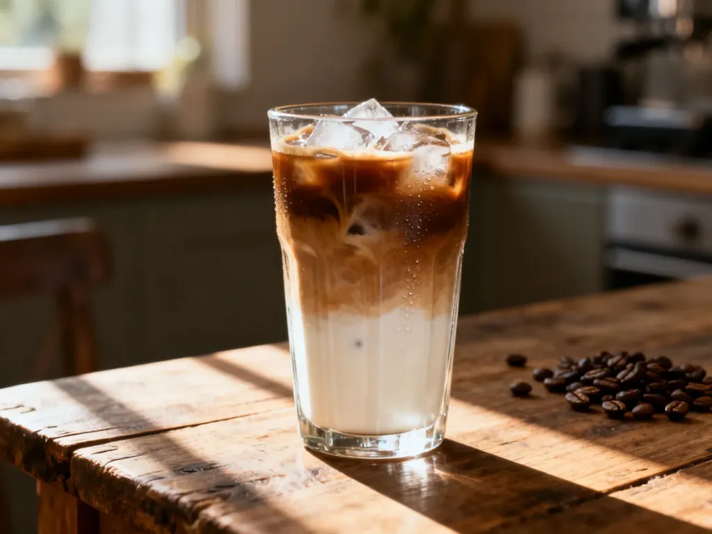 Wysoka szklanka warstwowego ice latte z lodem na drewnianym stole w słonecznej kuchni.