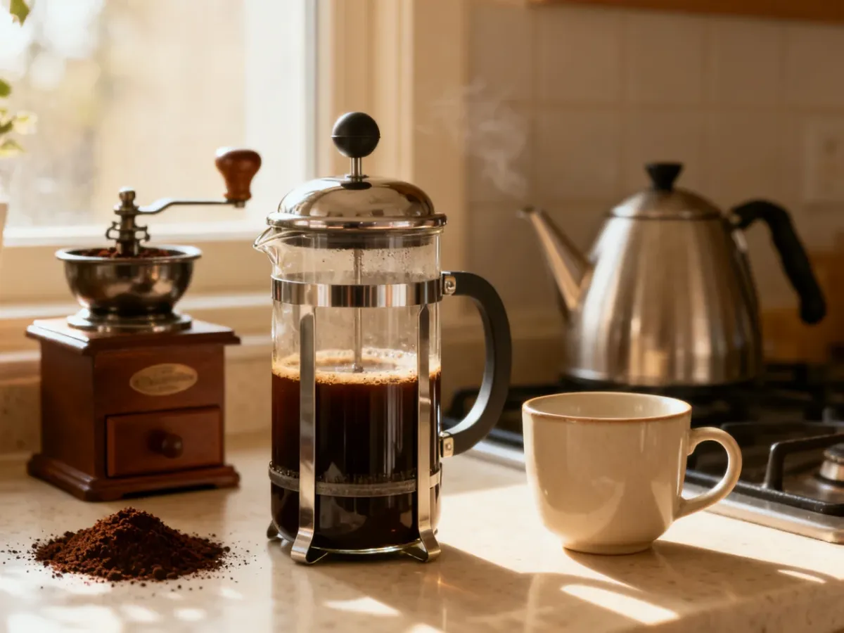 French Press z przygotowaną kawą i akcesoriami do jej parzenia