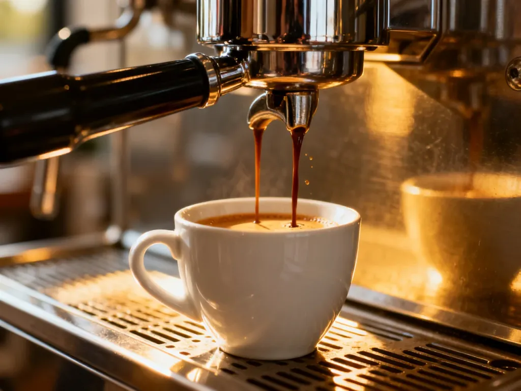 Dwa strumienie świeżo parzonego espresso wypływają z kolby ekspresu do białej filiżanki w słonecznej kawiarni.