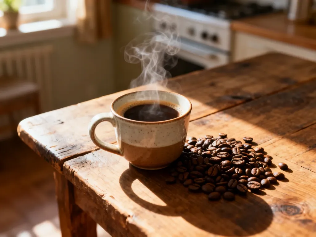 Parująca filiżanka espresso na drewnianym stole z ziarnami kawy, w otoczeniu przytulnej kuchni w porannym świetle.