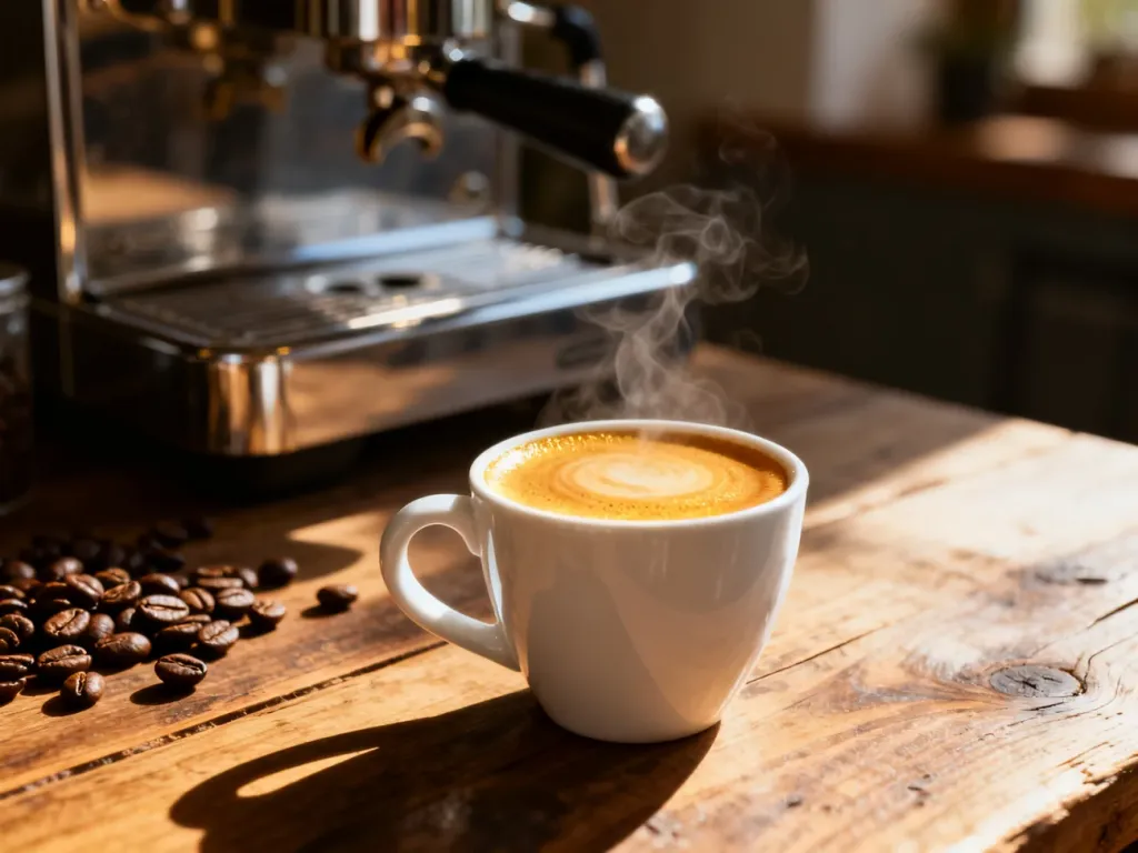 Filiżanka świeżego espresso z gęstą cremą na drewnianym stole, w tle profesjonalny ekspres i ziarna kawy.