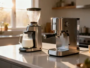 Gałka lodów waniliowych zanurzona w świeżym espresso, tworząca apetyczne, kremowe smugi w szklanym naczyniu.