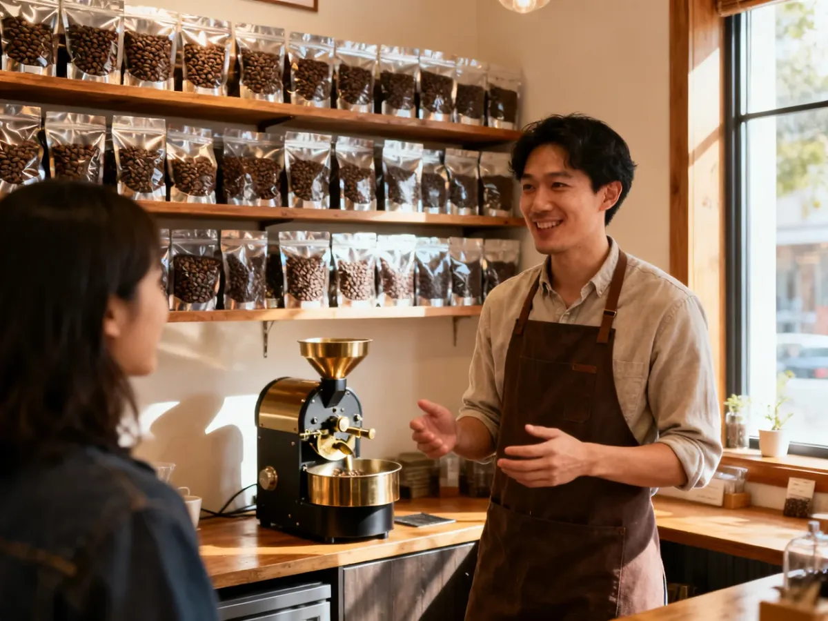 Wnętrze lokalnej palarni kawy z ziarnami i baristą doradzającym klientowi