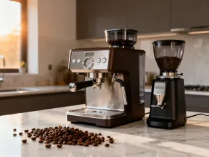 Piccolo latte z wzorem na mlecznej piance w eleganckiej filiżance na drewnianym stole w przytulnej kawiarni.