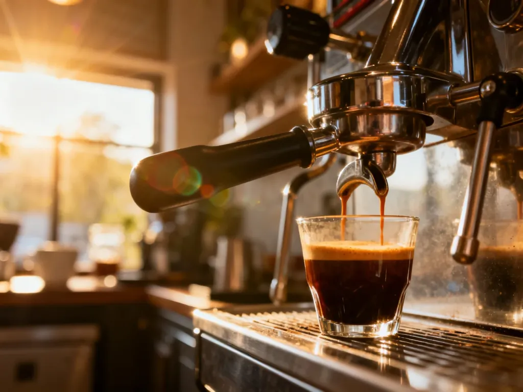 Strumień świeżego espresso wypływający z kolby do szklanki, ukazujący gęstą cremę w słonecznej kawiarni.