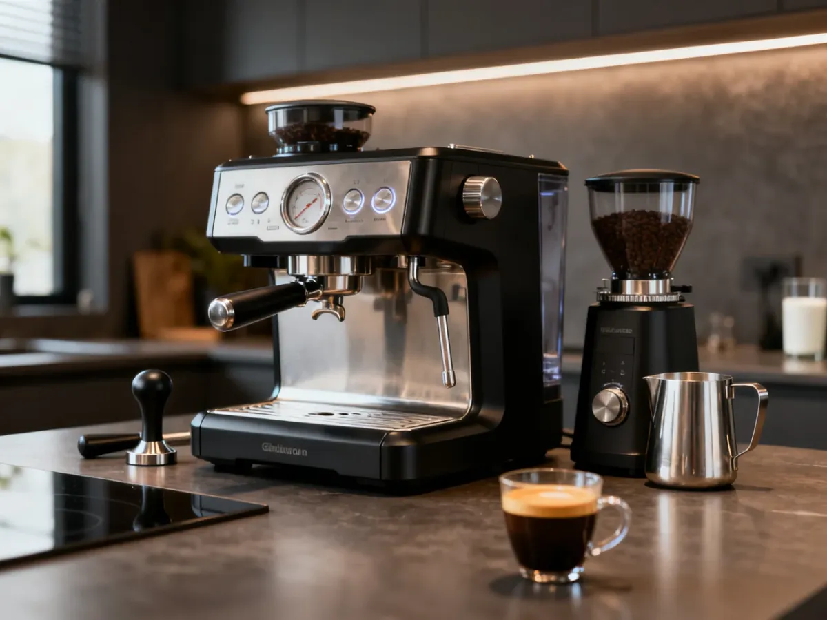 Ekspres kolbowy z młynkiem i akcesoriami do przygotowania espresso